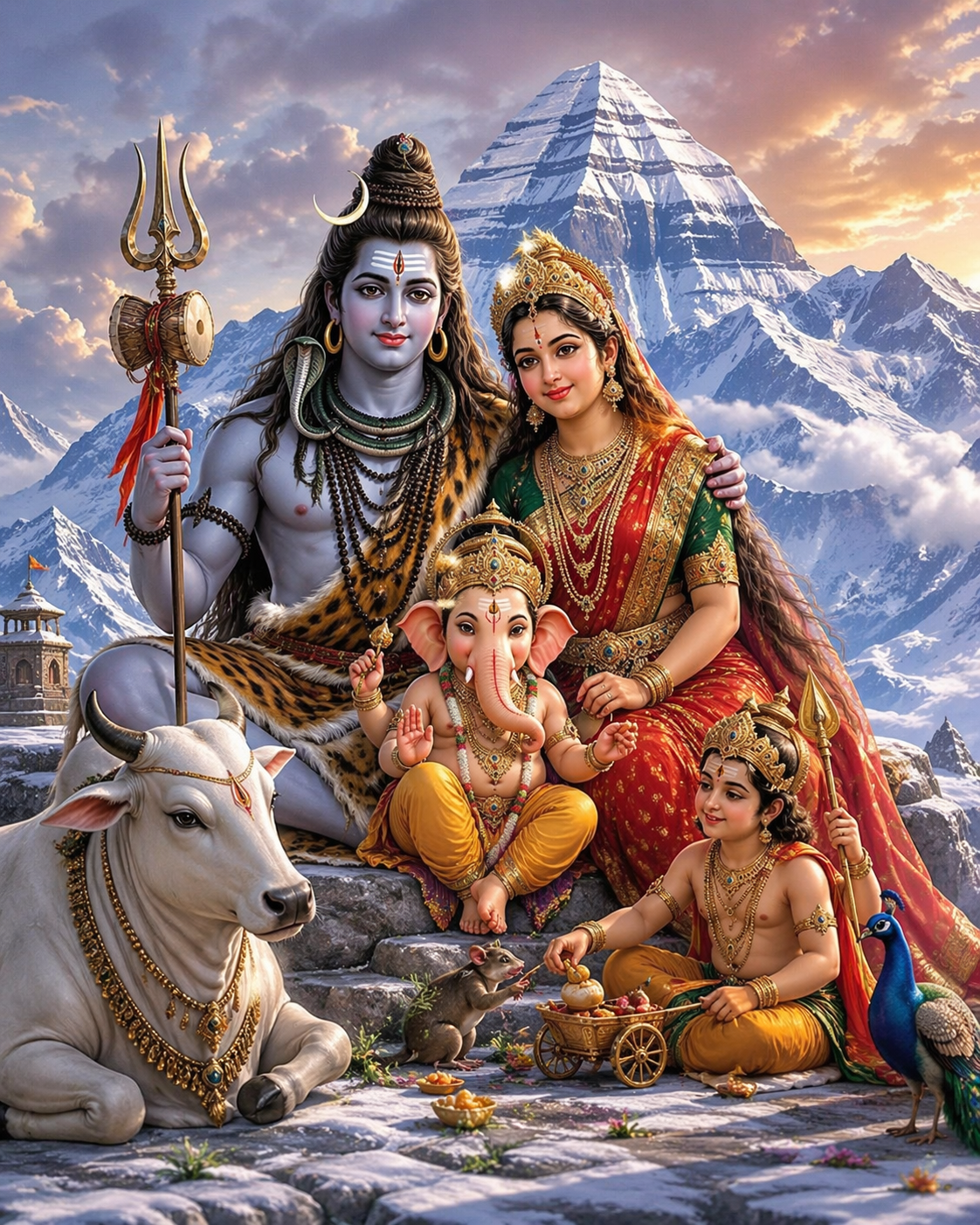 Shiva Parvati divine family on Mount Kailash with young Ganesha Murugan Nandi bull snow peaks sunset HD wallpaper